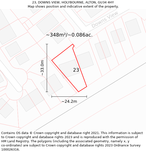 23, DOWNS VIEW, HOLYBOURNE, ALTON, GU34 4HY: Plot and title map