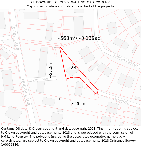 23, DOWNSIDE, CHOLSEY, WALLINGFORD, OX10 9FG: Plot and title map