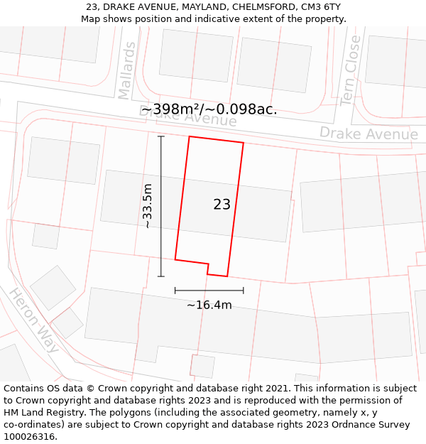 23, DRAKE AVENUE, MAYLAND, CHELMSFORD, CM3 6TY: Plot and title map