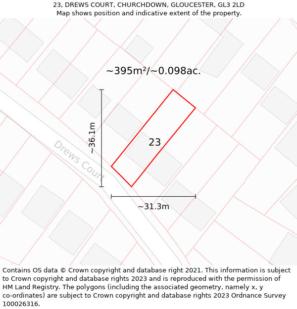 23, DREWS COURT, CHURCHDOWN, GLOUCESTER, GL3 2LD: Plot and title map