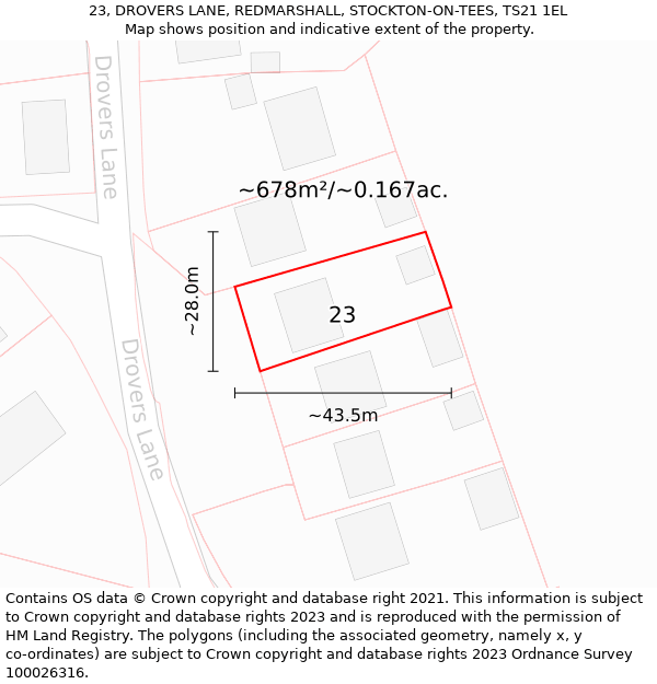 23, DROVERS LANE, REDMARSHALL, STOCKTON-ON-TEES, TS21 1EL: Plot and title map