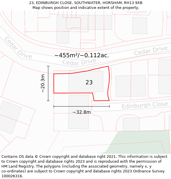 23, EDINBURGH CLOSE, SOUTHWATER, HORSHAM, RH13 9XB: Plot and title map