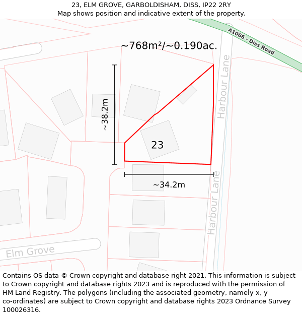 23, ELM GROVE, GARBOLDISHAM, DISS, IP22 2RY: Plot and title map