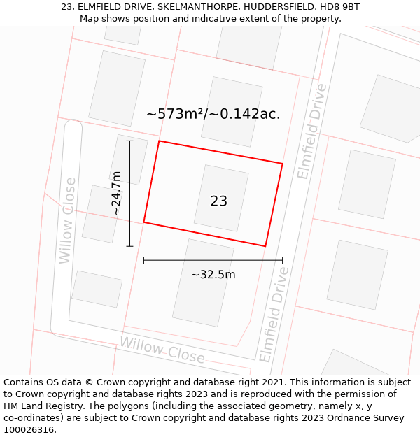 23, ELMFIELD DRIVE, SKELMANTHORPE, HUDDERSFIELD, HD8 9BT: Plot and title map