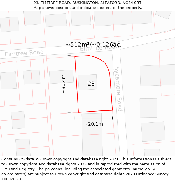 23, ELMTREE ROAD, RUSKINGTON, SLEAFORD, NG34 9BT: Plot and title map