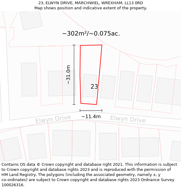 23, ELWYN DRIVE, MARCHWIEL, WREXHAM, LL13 0RD: Plot and title map