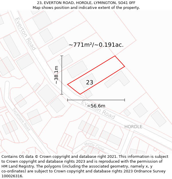 23, EVERTON ROAD, HORDLE, LYMINGTON, SO41 0FF: Plot and title map