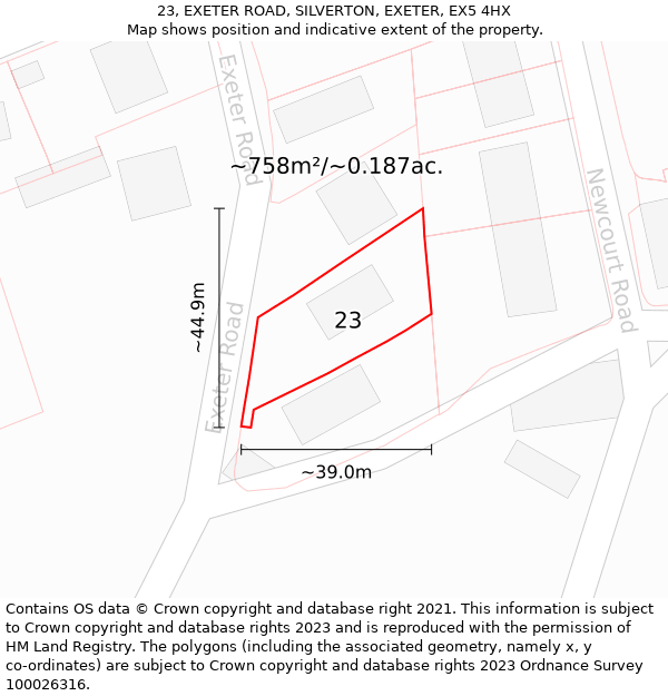 23, EXETER ROAD, SILVERTON, EXETER, EX5 4HX: Plot and title map