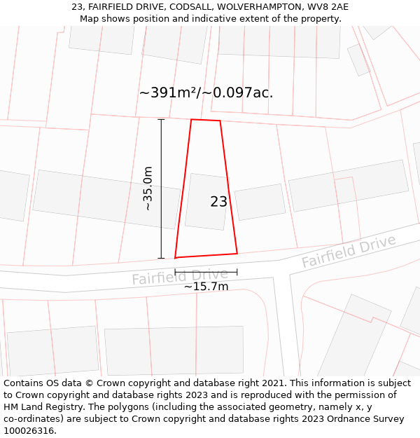 23, FAIRFIELD DRIVE, CODSALL, WOLVERHAMPTON, WV8 2AE: Plot and title map