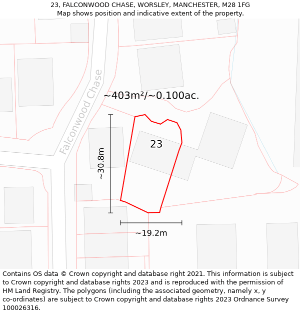 23, FALCONWOOD CHASE, WORSLEY, MANCHESTER, M28 1FG: Plot and title map