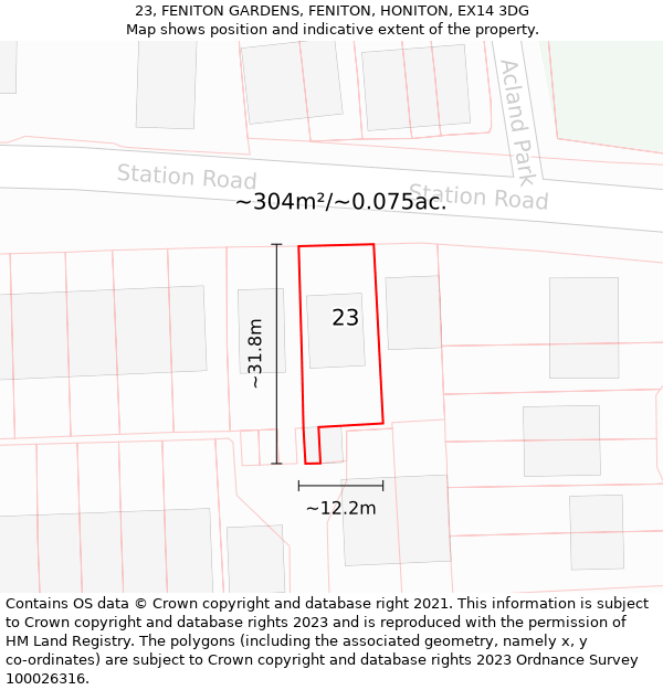 23, FENITON GARDENS, FENITON, HONITON, EX14 3DG: Plot and title map