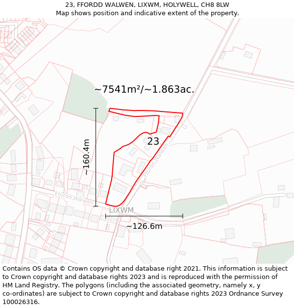 23, FFORDD WALWEN, LIXWM, HOLYWELL, CH8 8LW: Plot and title map