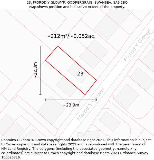 23, FFORDD Y GLOWYR, GODRERGRAIG, SWANSEA, SA9 2BQ: Plot and title map