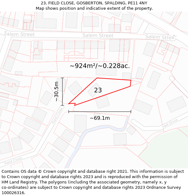 23, FIELD CLOSE, GOSBERTON, SPALDING, PE11 4NY: Plot and title map