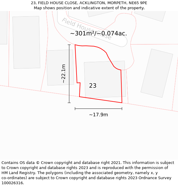 23, FIELD HOUSE CLOSE, ACKLINGTON, MORPETH, NE65 9PE: Plot and title map