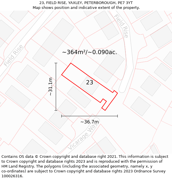 23, FIELD RISE, YAXLEY, PETERBOROUGH, PE7 3YT: Plot and title map