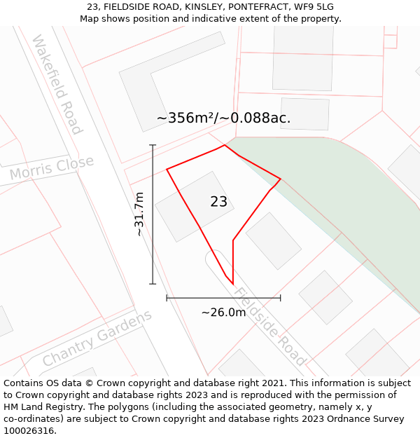 23, FIELDSIDE ROAD, KINSLEY, PONTEFRACT, WF9 5LG: Plot and title map