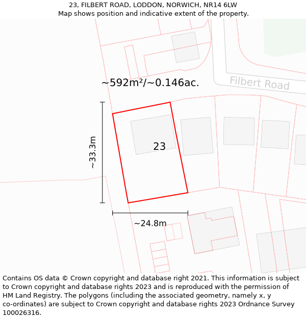 23, FILBERT ROAD, LODDON, NORWICH, NR14 6LW: Plot and title map