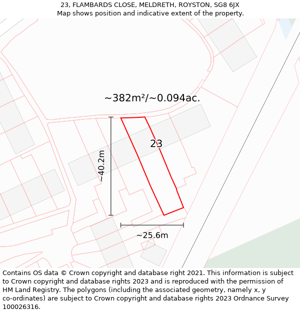 23, FLAMBARDS CLOSE, MELDRETH, ROYSTON, SG8 6JX: Plot and title map