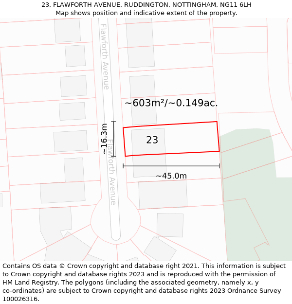 23, FLAWFORTH AVENUE, RUDDINGTON, NOTTINGHAM, NG11 6LH: Plot and title map