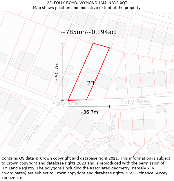 23, FOLLY ROAD, WYMONDHAM, NR18 0QT: Plot and title map
