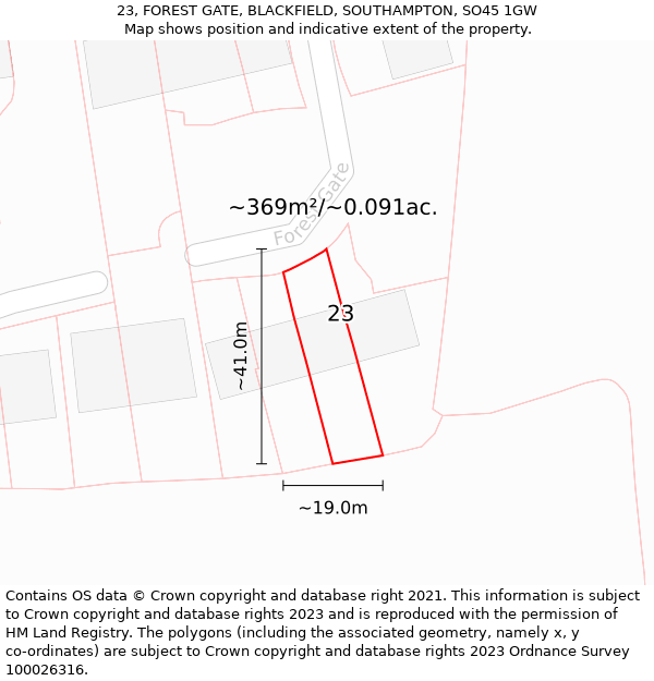 23, FOREST GATE, BLACKFIELD, SOUTHAMPTON, SO45 1GW: Plot and title map