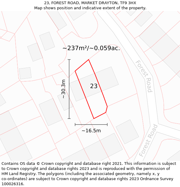 23, FOREST ROAD, MARKET DRAYTON, TF9 3HX: Plot and title map