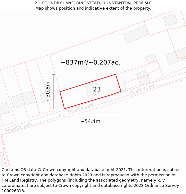 23, FOUNDRY LANE, RINGSTEAD, HUNSTANTON, PE36 5LE: Plot and title map