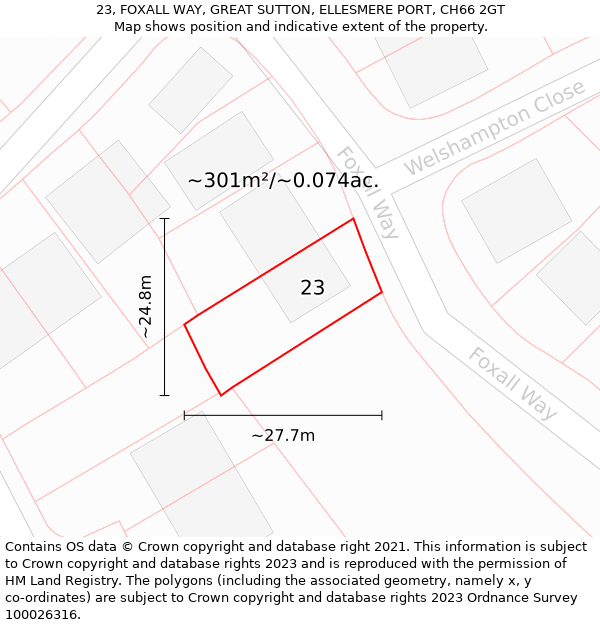 23, FOXALL WAY, GREAT SUTTON, ELLESMERE PORT, CH66 2GT: Plot and title map