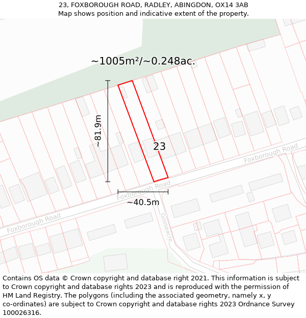 23, FOXBOROUGH ROAD, RADLEY, ABINGDON, OX14 3AB: Plot and title map