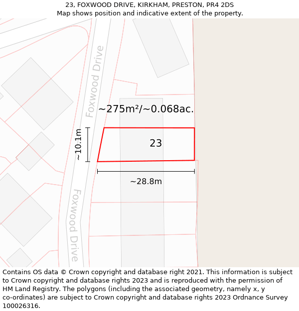 23, FOXWOOD DRIVE, KIRKHAM, PRESTON, PR4 2DS: Plot and title map