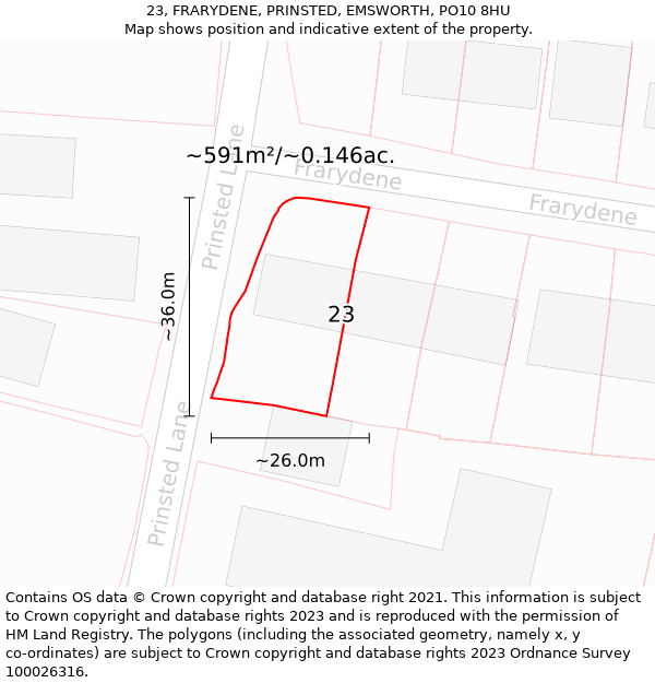 23, FRARYDENE, PRINSTED, EMSWORTH, PO10 8HU: Plot and title map