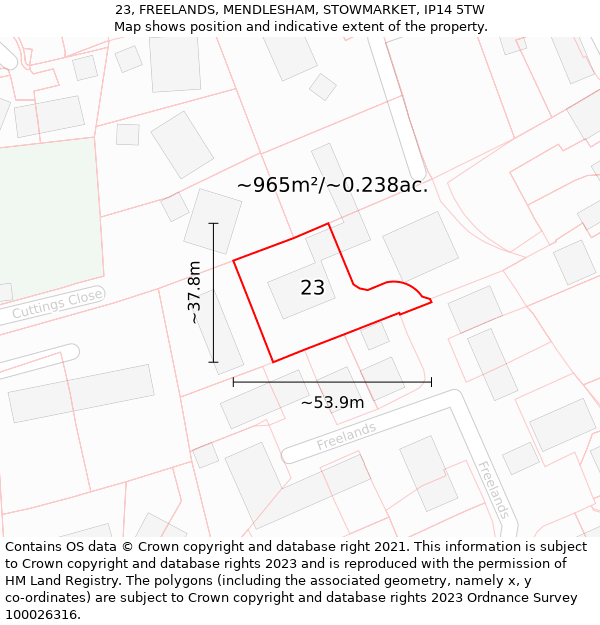 23, FREELANDS, MENDLESHAM, STOWMARKET, IP14 5TW: Plot and title map