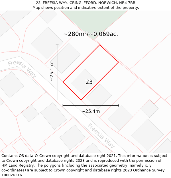 23, FREESIA WAY, CRINGLEFORD, NORWICH, NR4 7BB: Plot and title map