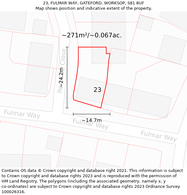 23, FULMAR WAY, GATEFORD, WORKSOP, S81 8UF: Plot and title map