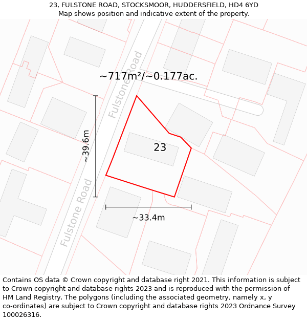 23, FULSTONE ROAD, STOCKSMOOR, HUDDERSFIELD, HD4 6YD: Plot and title map