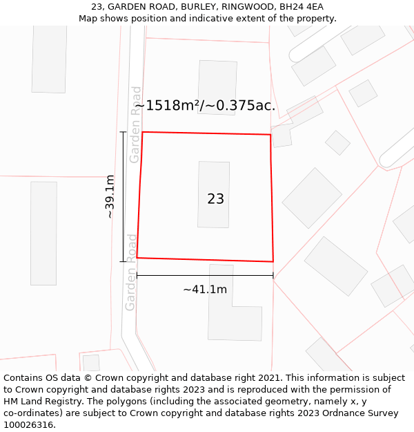 23, GARDEN ROAD, BURLEY, RINGWOOD, BH24 4EA: Plot and title map