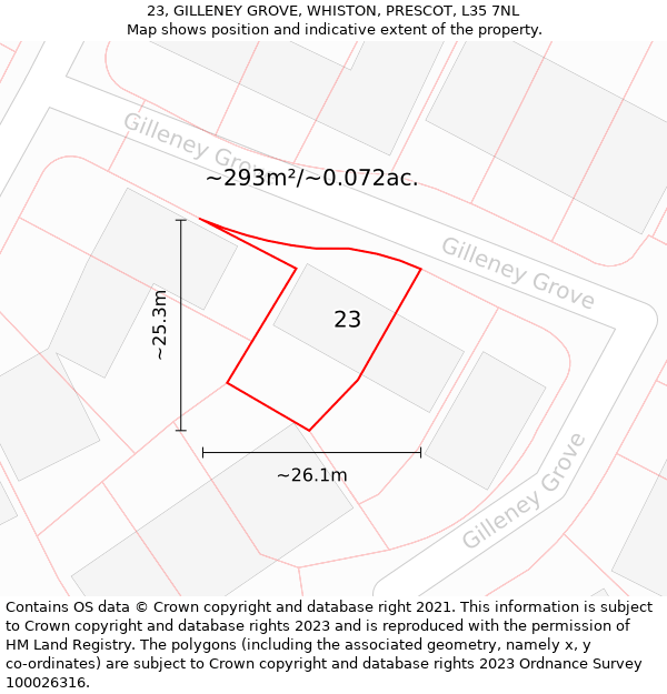 23, GILLENEY GROVE, WHISTON, PRESCOT, L35 7NL: Plot and title map