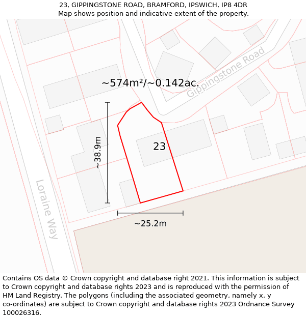 23, GIPPINGSTONE ROAD, BRAMFORD, IPSWICH, IP8 4DR: Plot and title map