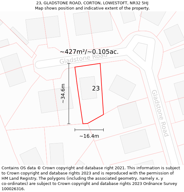 23, GLADSTONE ROAD, CORTON, LOWESTOFT, NR32 5HJ: Plot and title map