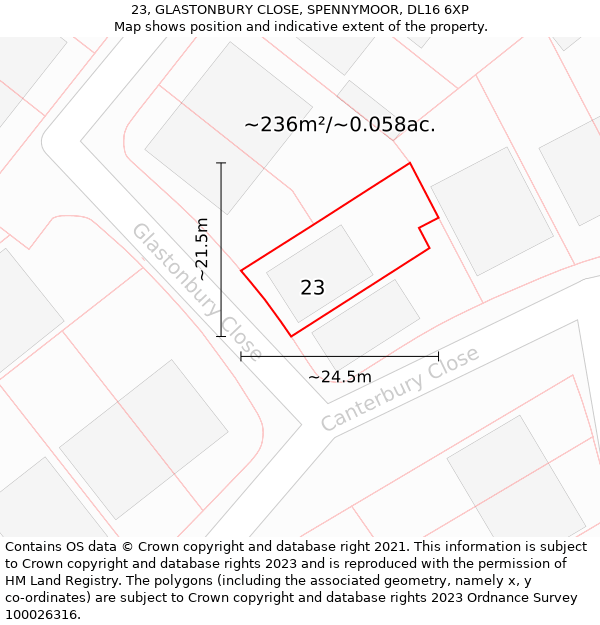 23, GLASTONBURY CLOSE, SPENNYMOOR, DL16 6XP: Plot and title map