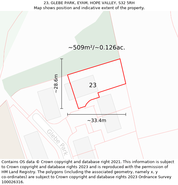 23, GLEBE PARK, EYAM, HOPE VALLEY, S32 5RH: Plot and title map