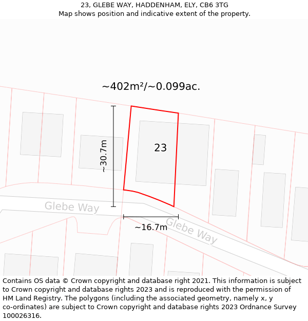 23, GLEBE WAY, HADDENHAM, ELY, CB6 3TG: Plot and title map