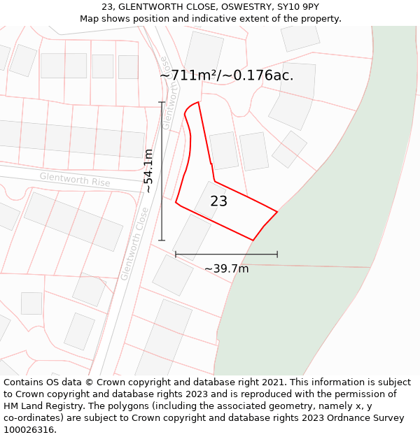 23, GLENTWORTH CLOSE, OSWESTRY, SY10 9PY: Plot and title map