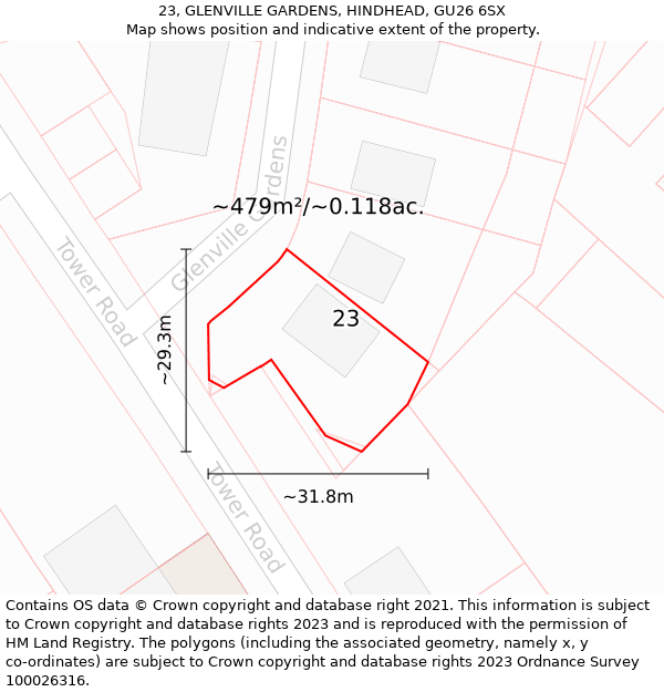 23, GLENVILLE GARDENS, HINDHEAD, GU26 6SX: Plot and title map