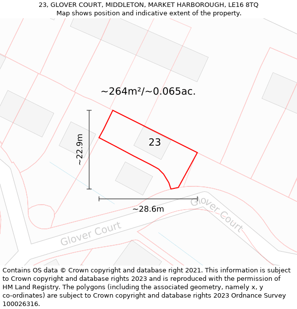 23, GLOVER COURT, MIDDLETON, MARKET HARBOROUGH, LE16 8TQ: Plot and title map