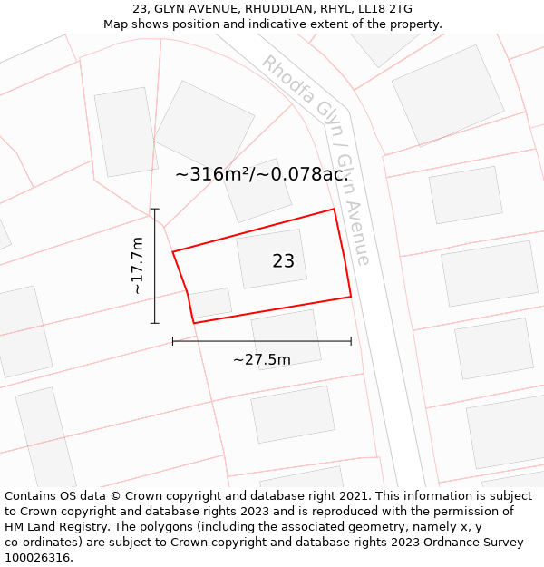 23, GLYN AVENUE, RHUDDLAN, RHYL, LL18 2TG: Plot and title map