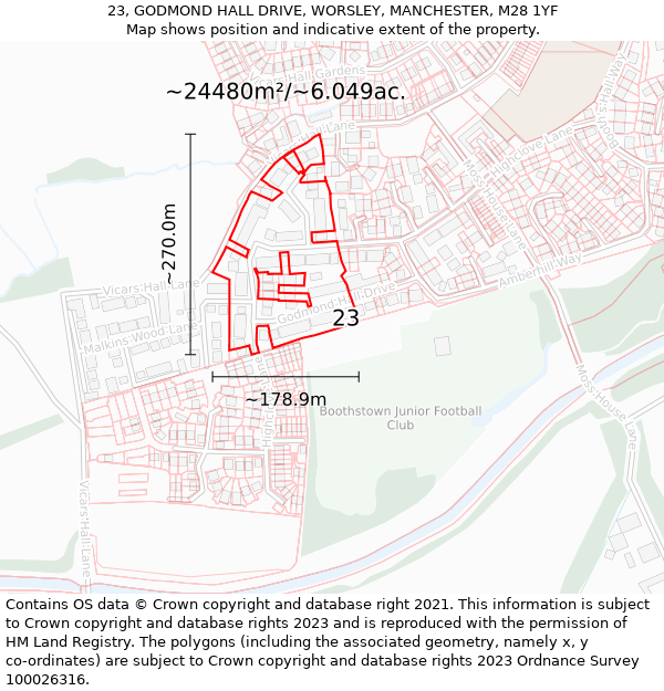 23, GODMOND HALL DRIVE, WORSLEY, MANCHESTER, M28 1YF: Plot and title map