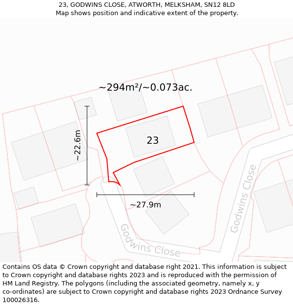 23, GODWINS CLOSE, ATWORTH, MELKSHAM, SN12 8LD: Plot and title map