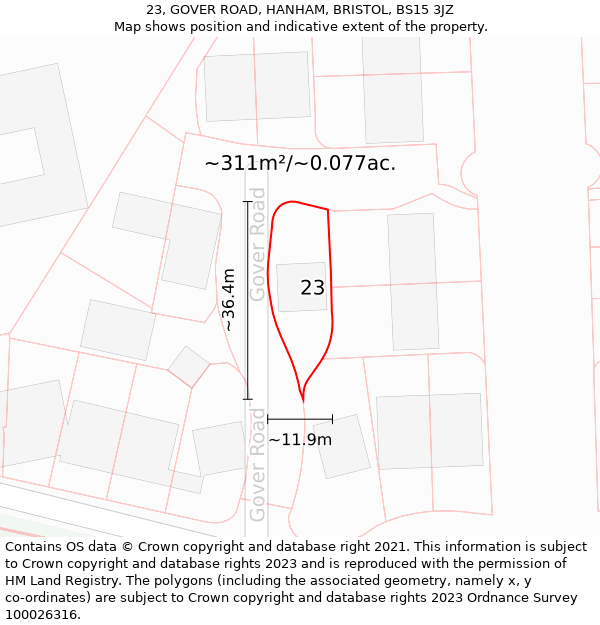 23, GOVER ROAD, HANHAM, BRISTOL, BS15 3JZ: Plot and title map